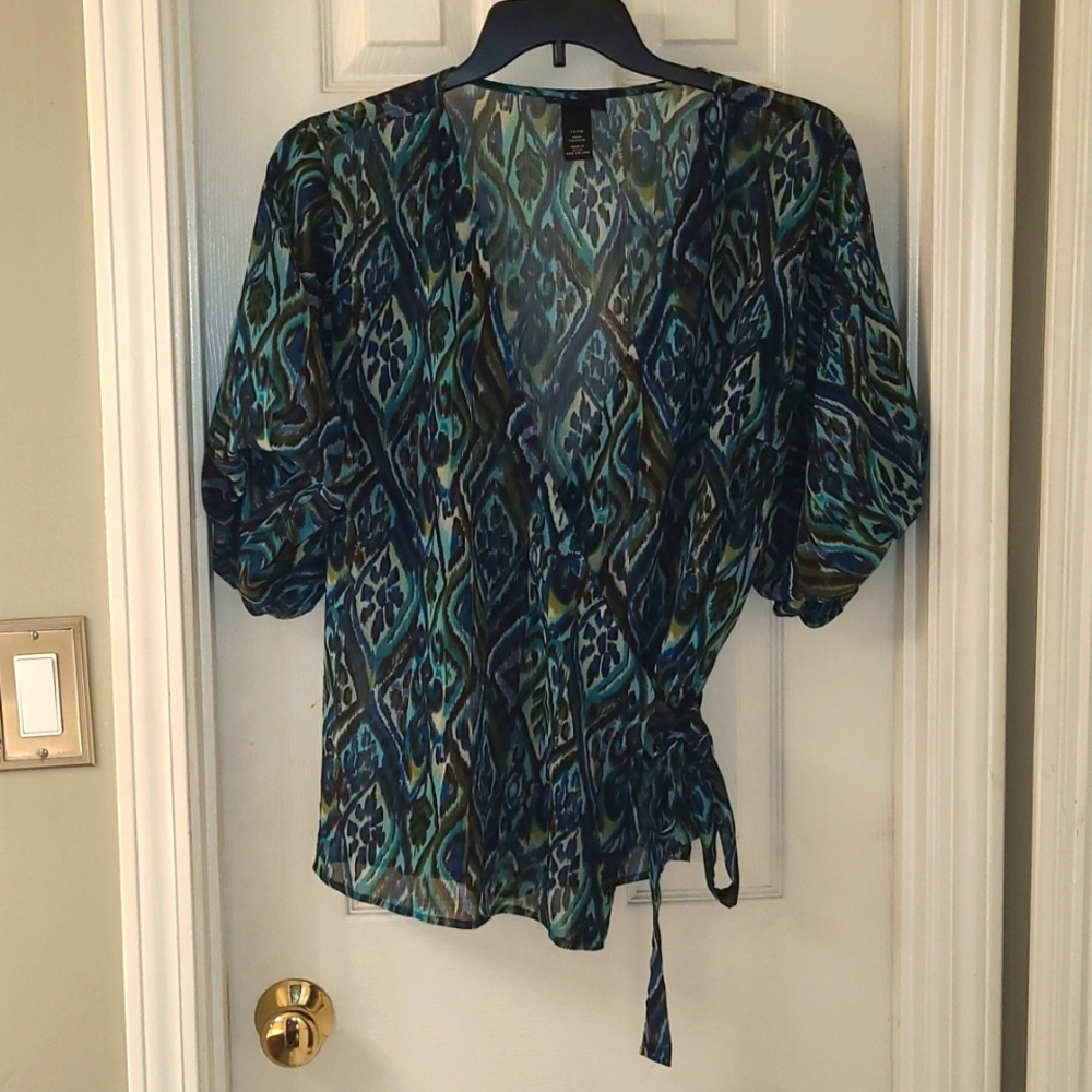 Green and brown dressy wrap top, ties on right